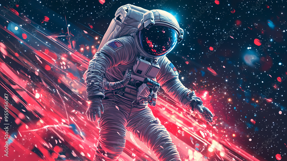 Naklejka premium In a euphoric moment, the astronaut's soul dances amidst the stars as they make their inaugural touchdown in outer space. illustration of a space traveler. Traveler. Illustration