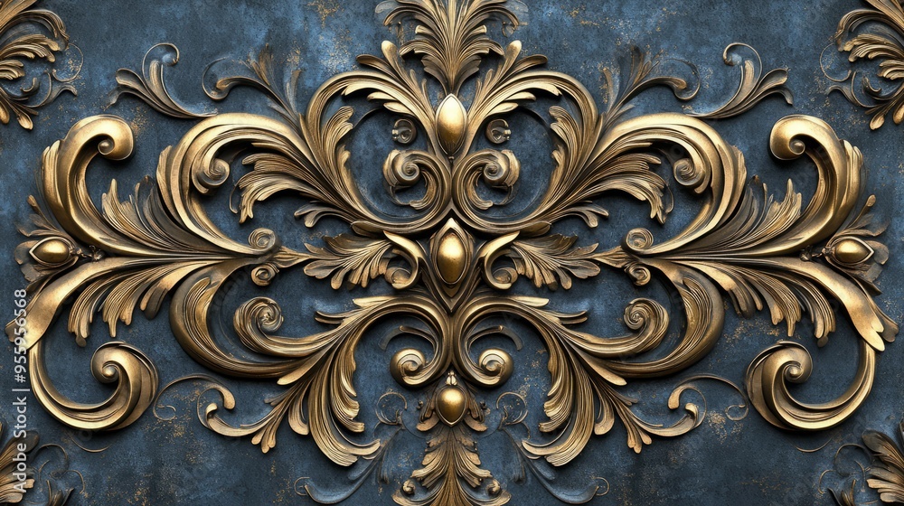 Ornate 3D Baroque Elegance: Whimsical Metallic Patterns on Velvet Background Ornate 3D Baroque Elegance: Whimsical Metallic Patterns on Velvet Background