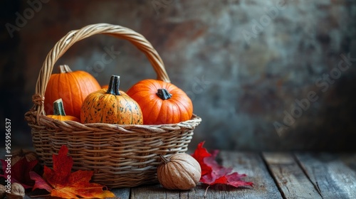 Thanksgiving day background with empty copy space. Pumpkin harvest in wicker basket. Squash, orange vegetable autumn fruit, apples, and nuts on a wooden table. with generative ai