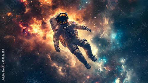 In a euphoric moment, the astronaut's soul dances amidst the stars as they make their inaugural touchdown in outer space. illustration of a space traveler. Traveler. Illustration