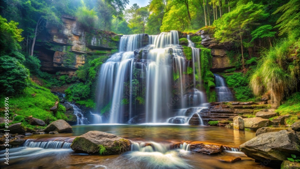 Majestic waterfall cascading down rocks in the lush forest , nature, landscape, scenery, serene, environment, trees, greenery Majestic waterfall cascading down rocks in the lush forest , nature, landscape, scenery, serene, environment, trees, greenery