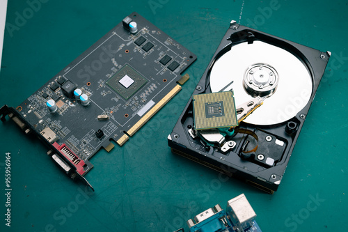 The high-resolution image of a computer's CPU alongside a hard drive highlights the computing hardware's core elements. photo