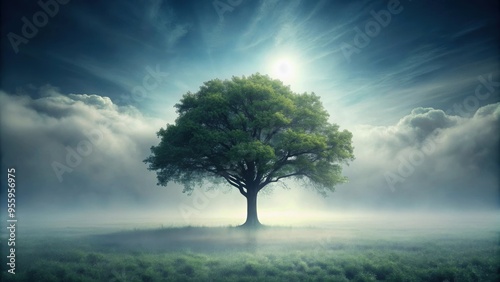 A mystical tree standing tall in the midst of thick fog , forest, misty, eerie, atmospheric, spooky, mysterious, spooky