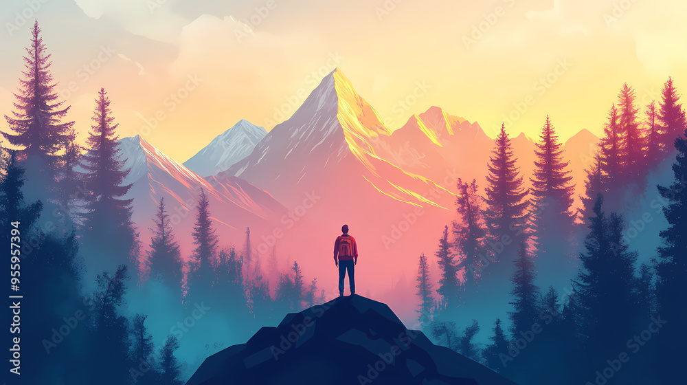 Morning view of mountains from a forest with a traveler. Traveler. Illustration