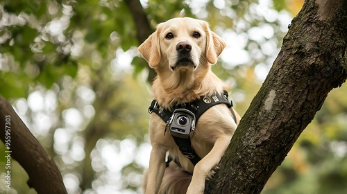 A dog wearing a security camera harness, sitting in a tree and scanning the area like a high-tech surveillance system