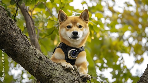 A dog wearing a security camera harness, sitting in a tree and scanning the area like a high-tech surveillance system photo