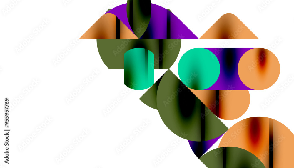 Color beautiful circles, semi circles, squares and round triangles. Geometric mosaic style pattern abstract background for wallpaper, banner, backdrop, card, book Illustration, landing page Color beautiful circles, semi circles, squares and round triangles. Geometric mosaic style pattern abstract background for wallpaper, banner, backdrop, card, book Illustration, landing page