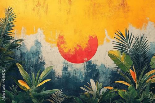 Vibrant sunset mural featuring lush palms against a colorful backdrop, perfect for tropical-themed designs. photo