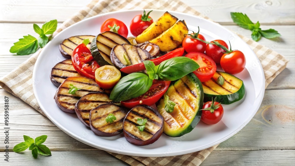 Grilled eggplant with bell peppers, zucchini, and cherry tomatoes on a white plate, vegetarian,healthy,eating,grilling,dish,meal Grilled eggplant with bell peppers, zucchini, and cherry tomatoes on a white plate, vegetarian,healthy,eating,grilling,dish,meal