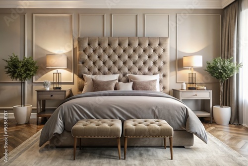 Luxurious velvet tufting and matching nightstands add depth and character to this serene modern bedroom, anchored by photo