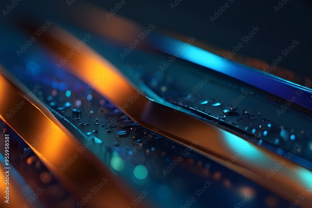 3d render Closeup of abstract shape blue and orange titanium with bokeh, futuristic shape, great details, wallpaper, in calm dark background. Realistic metal and glass effect. 3d render Closeup of abstract shape blue and orange titanium with bokeh, futuristic shape, great details, wallpaper, in calm dark background. Realistic metal and glass effect.