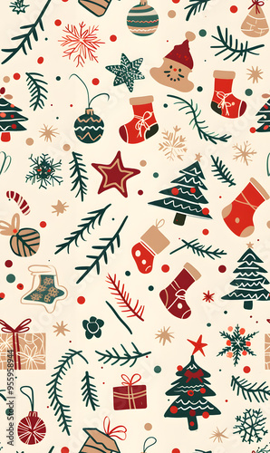 Wallpaper Mural New Year's and Christmas festival seamless pattern in a 2D doodle illustrator style on pastel color backgrounds for graphic advertising. Torontodigital.ca