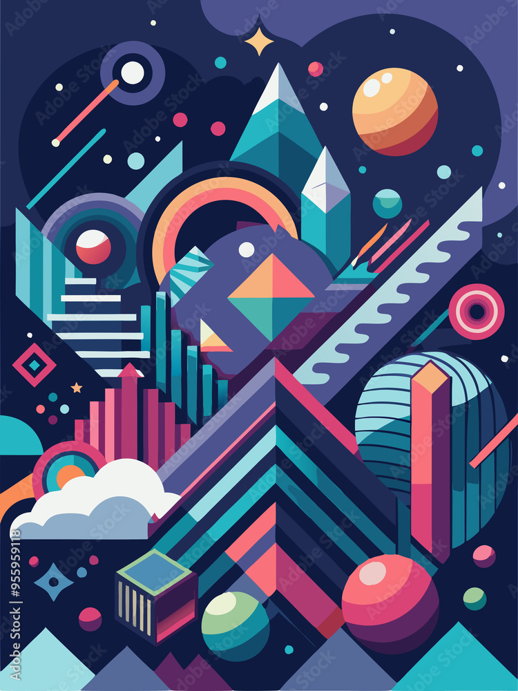Abstract Geometric Composition with Planets and Stars in a Night Sky Abstract Geometric Composition with Planets and Stars in a Night Sky