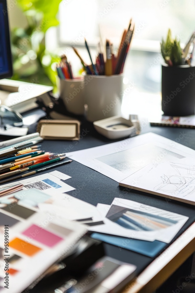 A career guidance session focused on building a personal brand. Desk with branding resources and portfolio examples A career guidance session focused on building a personal brand. Desk with branding resources and portfolio examples