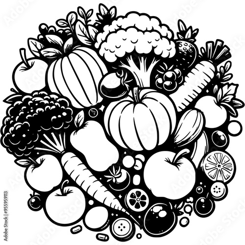 Pile of vegetables and fruits top view in monochrome. Simple minimalistic vector in black ink drawing on transparent background