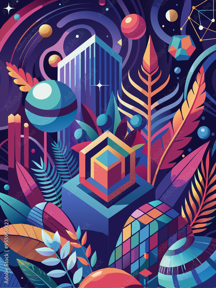 Obraz premium Abstract Geometric Composition with Planetary Elements and Tropical Foliage