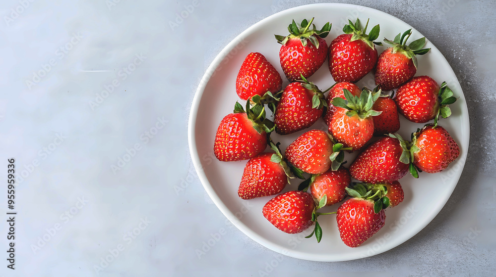 Strawberries with stems intact, arranged on a white plate