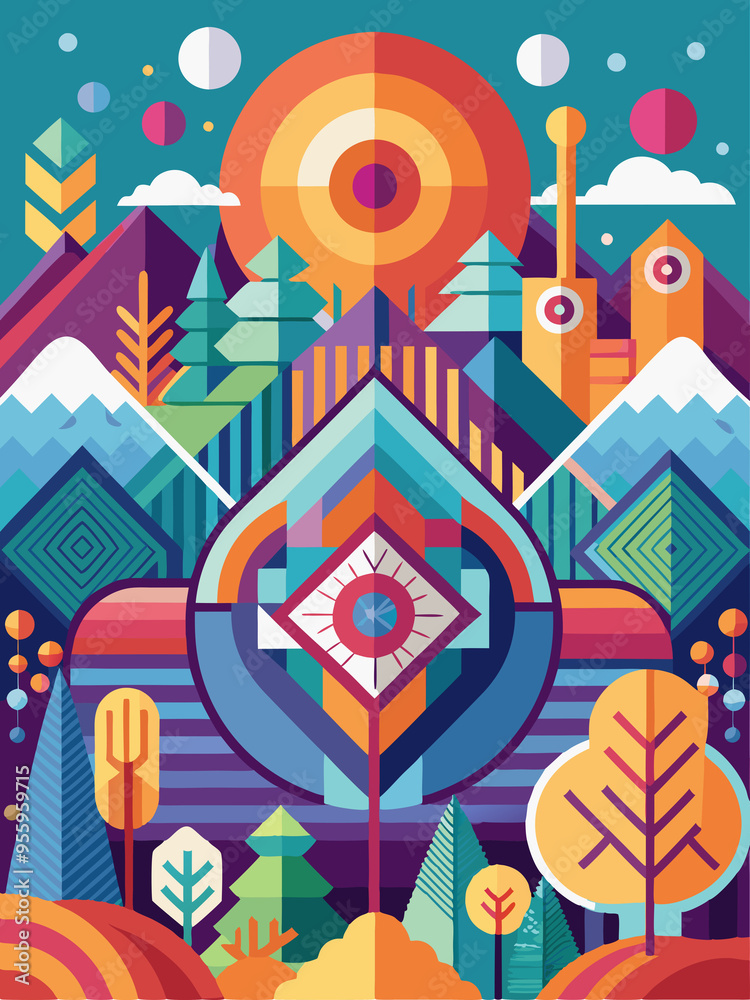 Obraz premium Abstract Geometric Landscape with Trees, Mountains, and a Central Eye