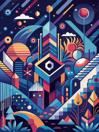 Abstract Geometric Cityscape with Colorful Shapes and Patterns