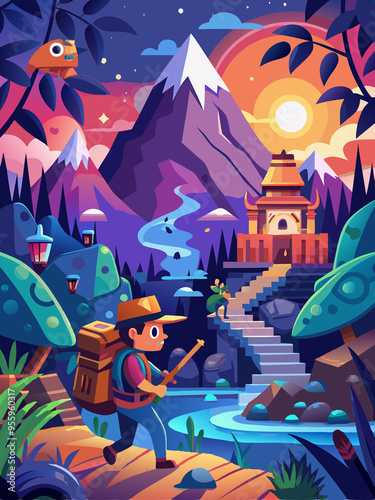 A Traveler with Backpack Approaches an Ancient Temple in a Mountainous Landscape