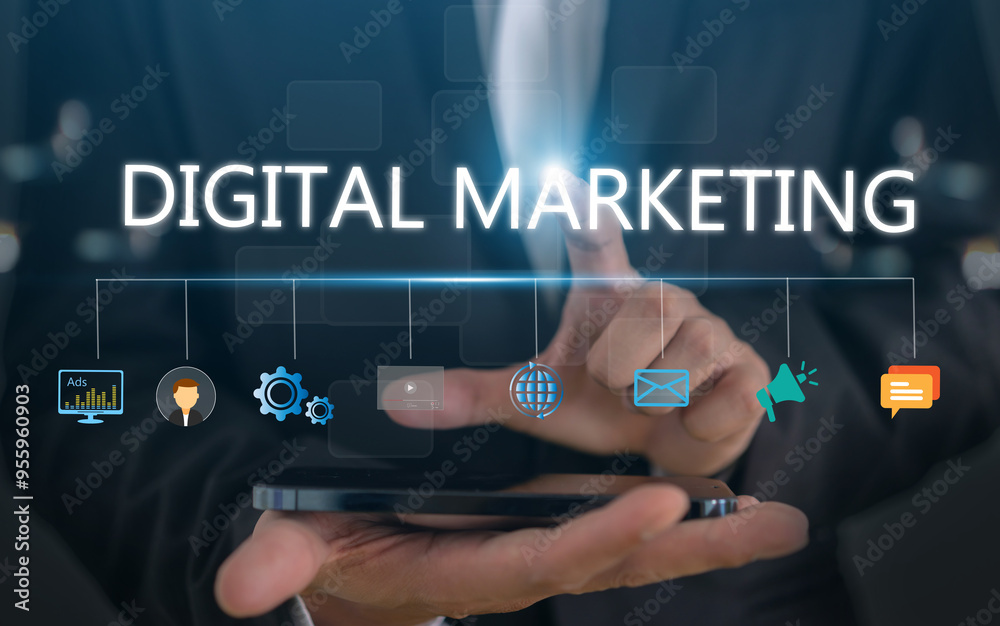 Human with digital online marketing commerce sale, website advertising, promotion of products, digital marketing strategy and goals, digital search engine, SEO, social media, ads, E-commerce Human with digital online marketing commerce sale, website advertising, promotion of products, digital marketing strategy and goals, digital search engine, SEO, social media, ads, E-commerce