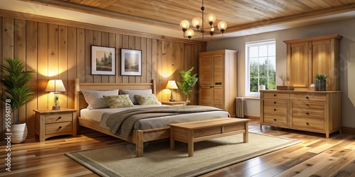 Rich textures and pine wood accents combine to form a soothing sanctuary, illuminated by warm lights and softened