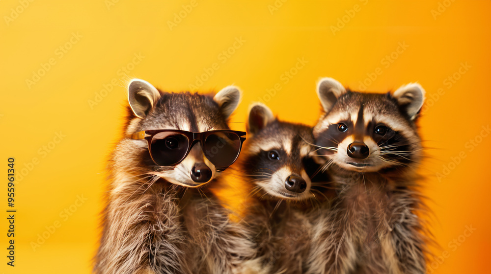 Raccoon Friends in Sunglasses, A playful assembly of raccoon companions donning stylish shades, set against a vibrant backdrop, perfect for engaging advertising and editorial use.