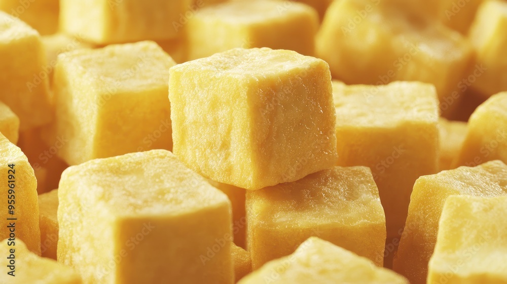 Close-up of vibrant yellow cubes, showcasing their smooth texture and rich color. Ideal for culinary or food-related projects. Close-up of vibrant yellow cubes, showcasing their smooth texture and rich color. Ideal for culinary or food-related projects.