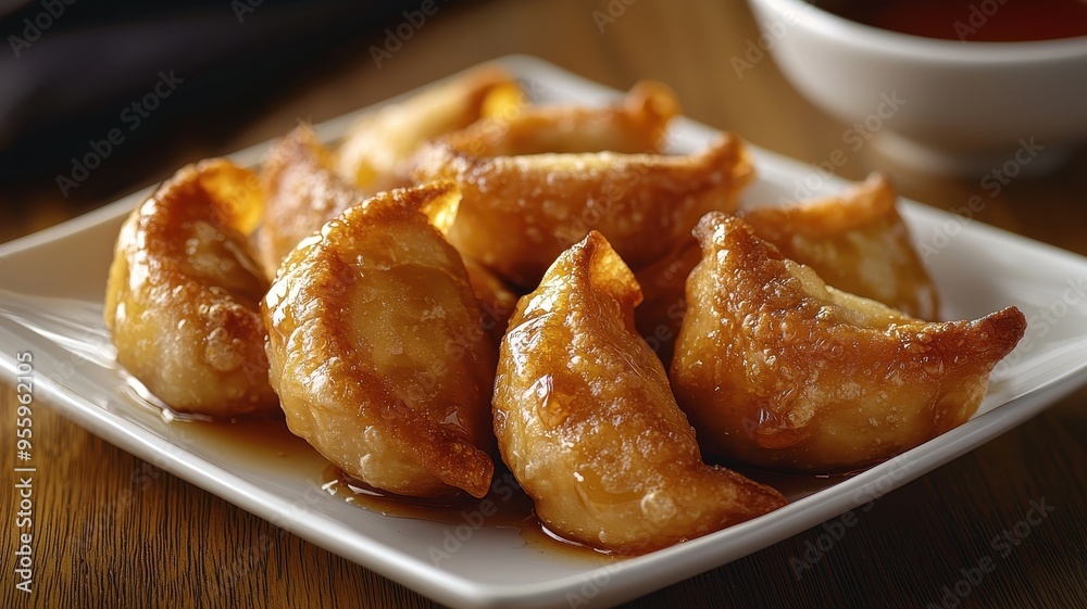 Golden brown dumplings served on a plate, perfect for appetizers or snacks, accompanied by a flavorful dipping sauce. Golden brown dumplings served on a plate, perfect for appetizers or snacks, accompanied by a flavorful dipping sauce.