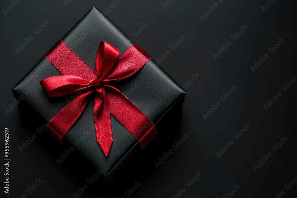 Top view photo of black gift box with red ribbon on black background with space for advertisement, black friday concept with generative ai Top view photo of black gift box with red ribbon on black background with space for advertisement, black friday concept with generative ai