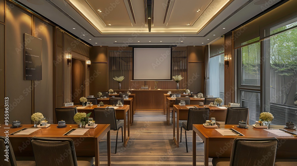 Obraz premium A modern conference room with a projector screen, a long wooden table with chairs, and natural light from a window.