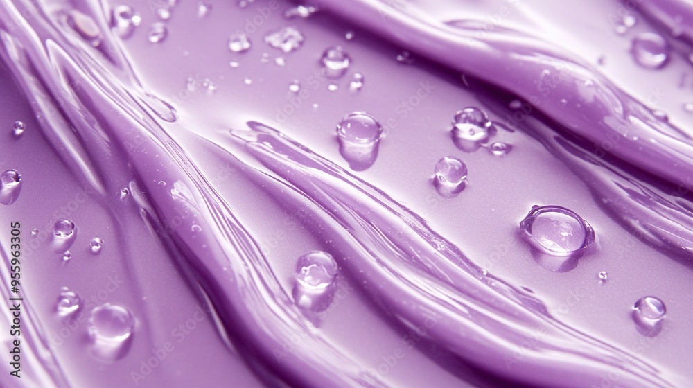 Close-up image displaying a wave-like purple gel texture with glossy highlights and clear droplets. Close-up image displaying a wave-like purple gel texture with glossy highlights and clear droplets.