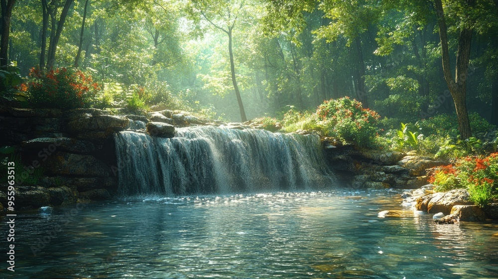 A peaceful forest with a babbling brook, the water crystal clear as it flows over smooth stones A peaceful forest with a babbling brook, the water crystal clear as it flows over smooth stones