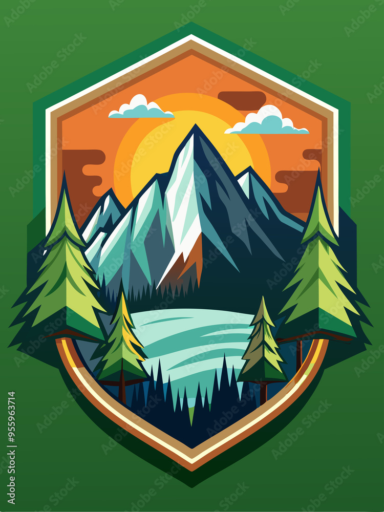 Mountain Range with Sunset and Lake in a Shield Shape Mountain Range with Sunset and Lake in a Shield Shape