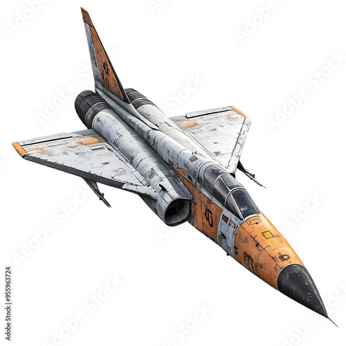 A Worn and Weathered Fighter Jet Soars Through the Air with a Transparent Background
