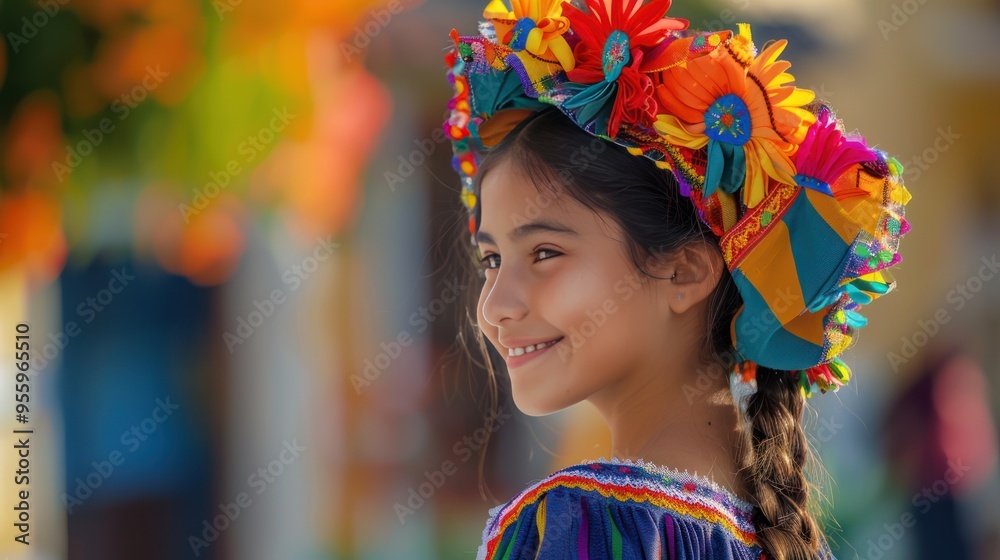 Young Girl Wearing a Colorful Flower Crown and Traditional Clothing Young Girl Wearing a Colorful Flower Crown and Traditional Clothing