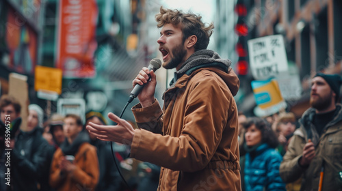 a politician wearing a sharp suit giving a street speech. 