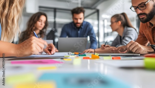 Business Team Collaborating and Brainstorming with Sticky Notes