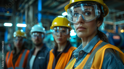 A team of dedicated workers wearing safety goggles and helmets, commitment to safety and professionalism.