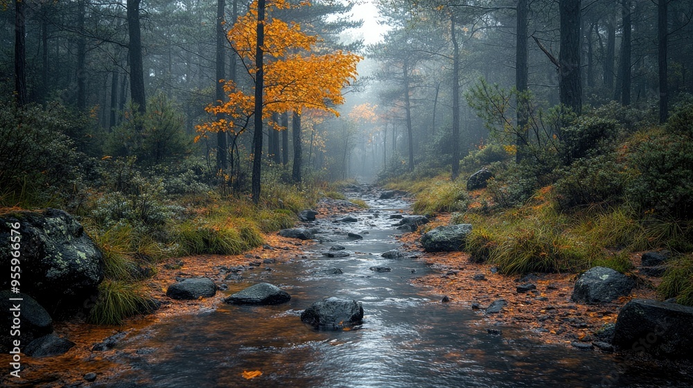 A quiet mountain trail, with the sound of a nearby stream and birds chirping in the trees A quiet mountain trail, with the sound of a nearby stream and birds chirping in the trees