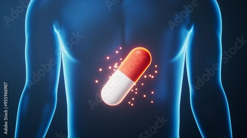 Medicine pill in the transparent human body, 3d rendering.