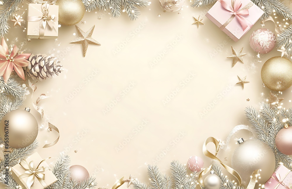 A light pink background with small Christmas decorations on the right side, decorated in metallic gold and rose tones, with pine branches A light pink background with small Christmas decorations on the right side, decorated in metallic gold and rose tones, with pine branches