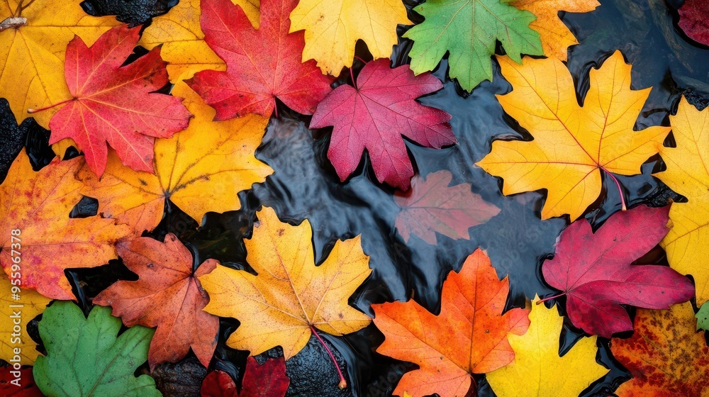 A colorful array of autumn leaves in a stream with gentle water flow, autumn leaves, stream, gentle flow A colorful array of autumn leaves in a stream with gentle water flow, autumn leaves, stream, gentle flow