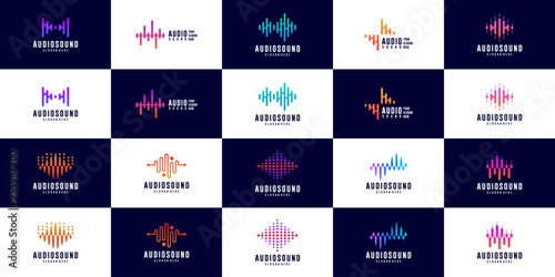 collection of sound pulse logo, monitoring, equalizer, amplifier, vector graphic templates.