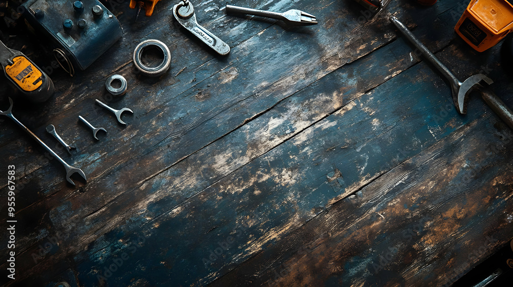 Naklejka premium Vintage Tools on Rustic Wooden Background with Copy Space