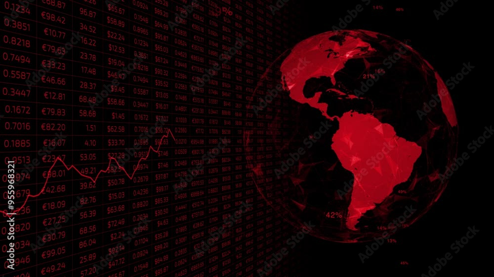 Red 3d business spreadsheet with graph line and earth sphere network on black background. Red 3d business spreadsheet with graph line and earth sphere network on black background.