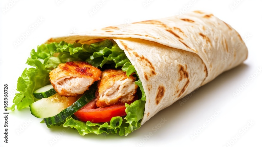 Chicken wrap with vegetables, isolated on white background. Fried chicken tortilla wrap with lettuce and tomato with sauce. chicken taco wrap flying on white background. Delicious chicken wrap Chicken wrap with vegetables, isolated on white background. Fried chicken tortilla wrap with lettuce and tomato with sauce. chicken taco wrap flying on white background. Delicious chicken wrap