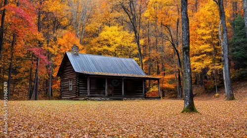 A rustic cabin in the woods surrounded by vibrant autumn foliage, autumn cabin, woods, foliage