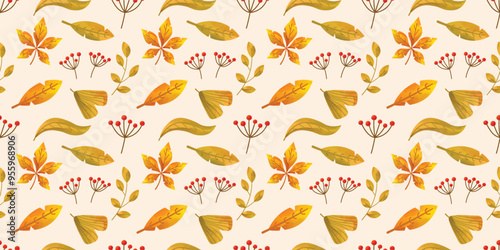 Seamless cozy autumn botanical pattern with forest maple leaves, mountain ash, flowers and botanical elements. Autumn pattern for fabric, scrapbooking and stationery. Watercolor vector illustration.