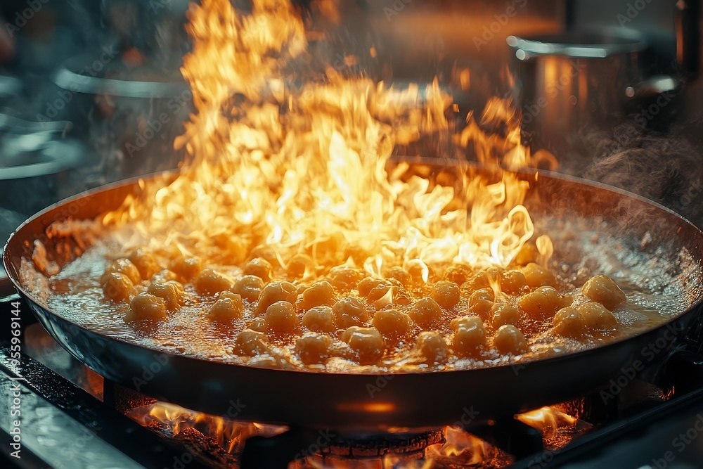 Frying Food in a Pan with Flames Frying Food in a Pan with Flames